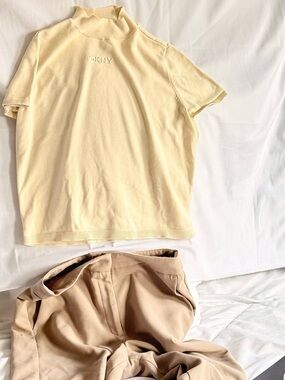 DKNY Cream Mock Neck Knit Top | Minimal Short Sleeve Fitted Tee